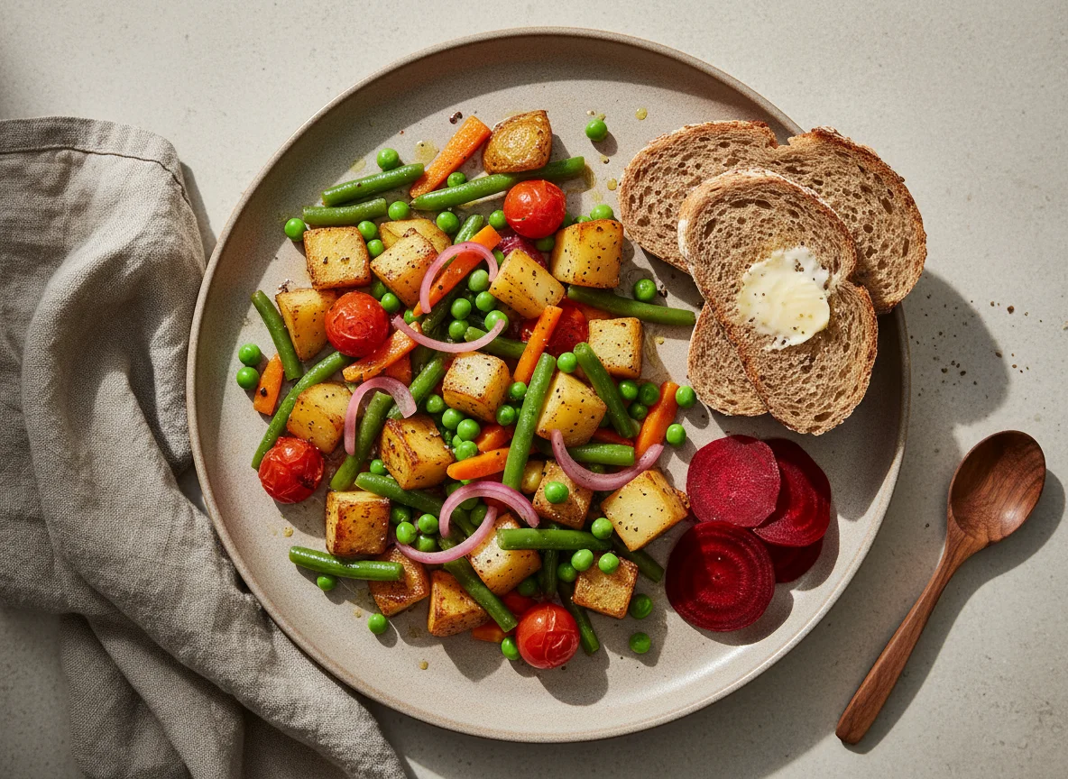 Kartoffel-Gemüse-Pfanne mit Brot und Roter Bete photo