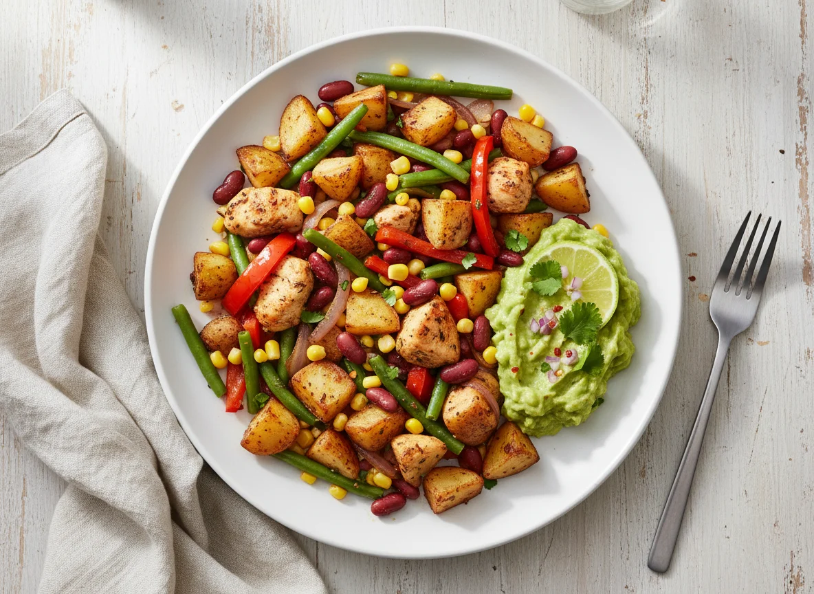 Kartoffel-Gemüse-Pfanne mit Guacamole photo