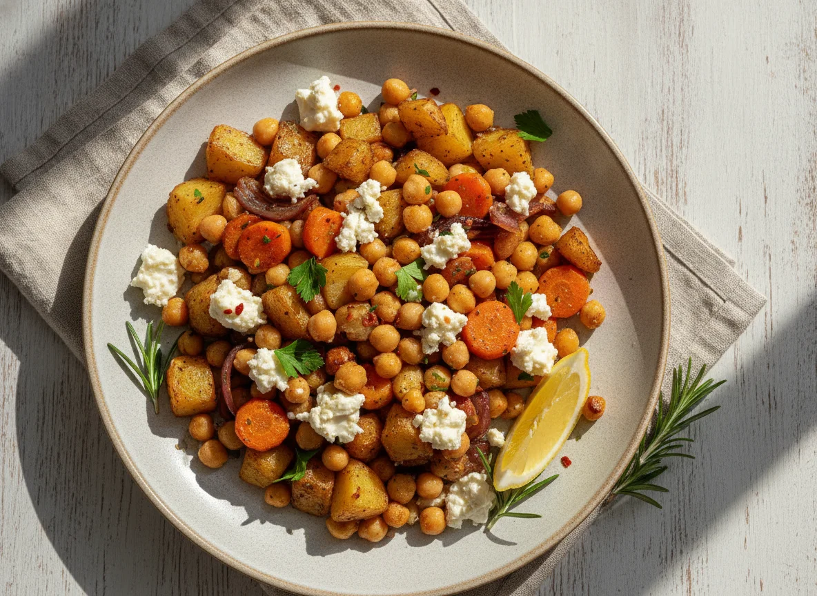 Kartoffel-Gemüse-Pfanne mit Kichererbsen und Feta photo