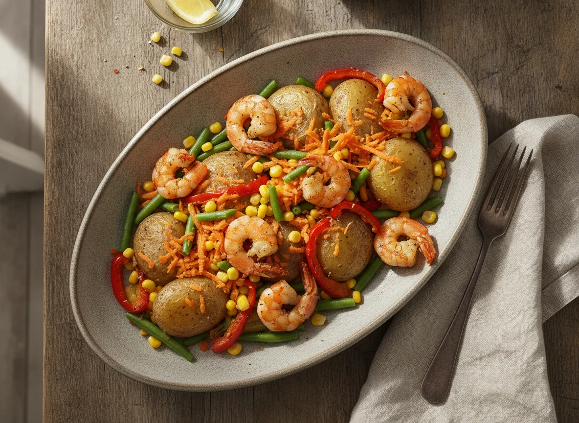 Kartoffelgericht mit Gemüse und Garnelen photo