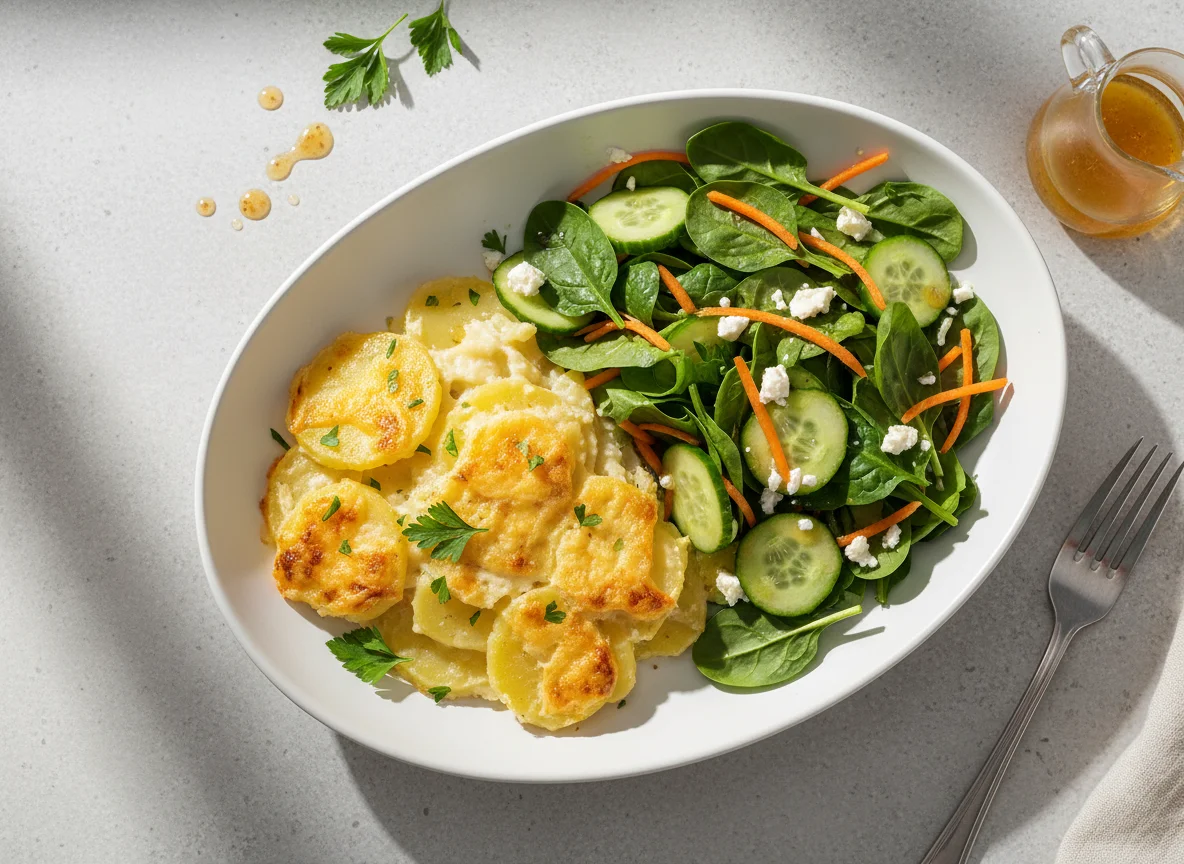 Kartoffelgratin mit gemischtem Salat photo