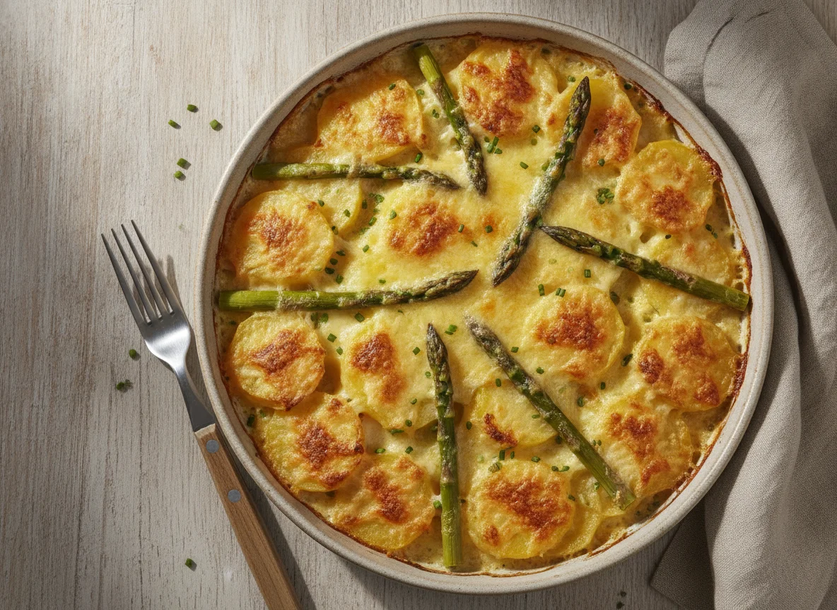 Kartoffelgratin mit grünem Spargel photo
