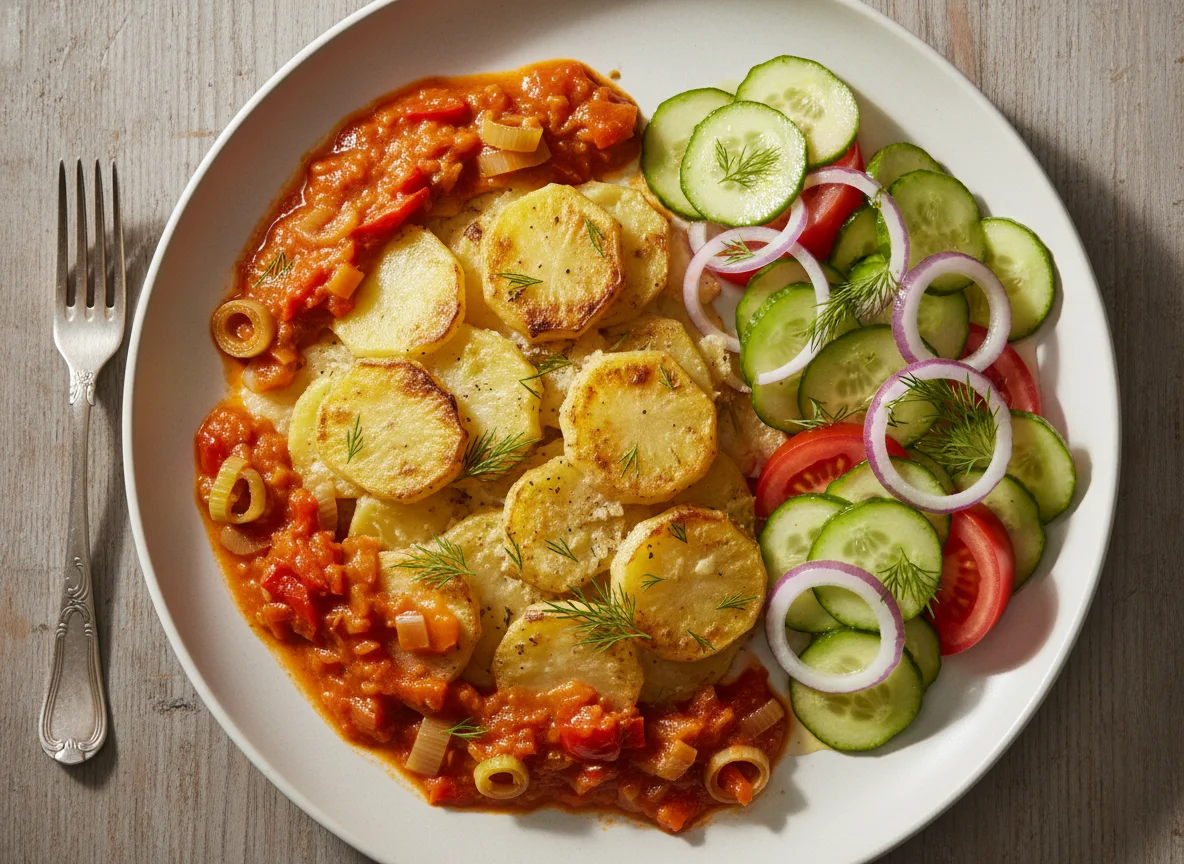 Kartoffelgratin mit Paprika-Lauch-Sauce und Gurkensalat photo