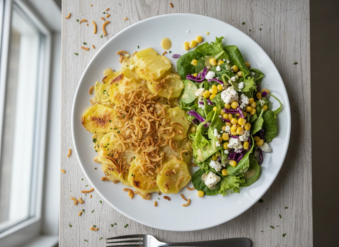 Kartoffelgratin mit Röstzwiebeln und Beilagensalat photo