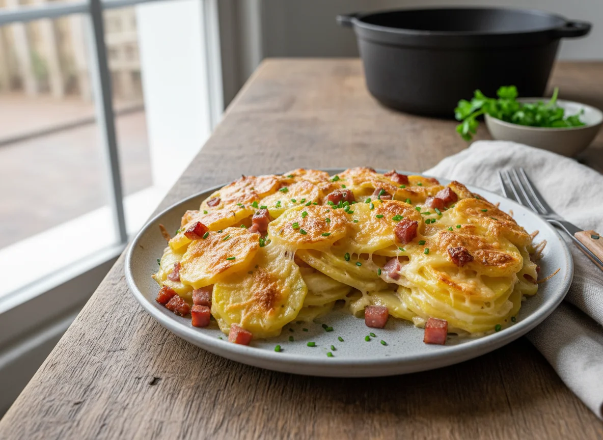 Kartoffelgratin mit Schinken und Käse photo