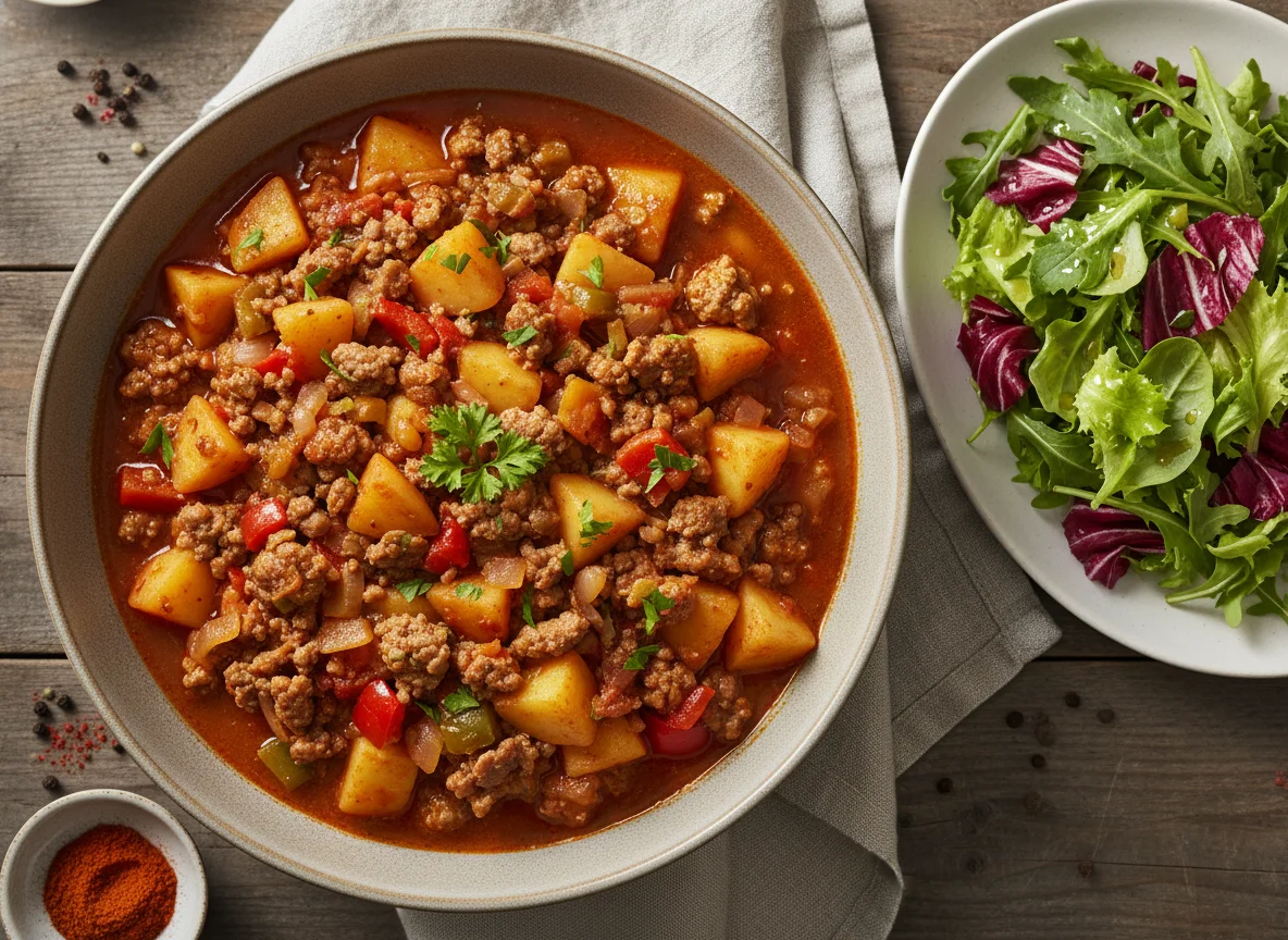 Kartoffelgulasch mit Salat photo