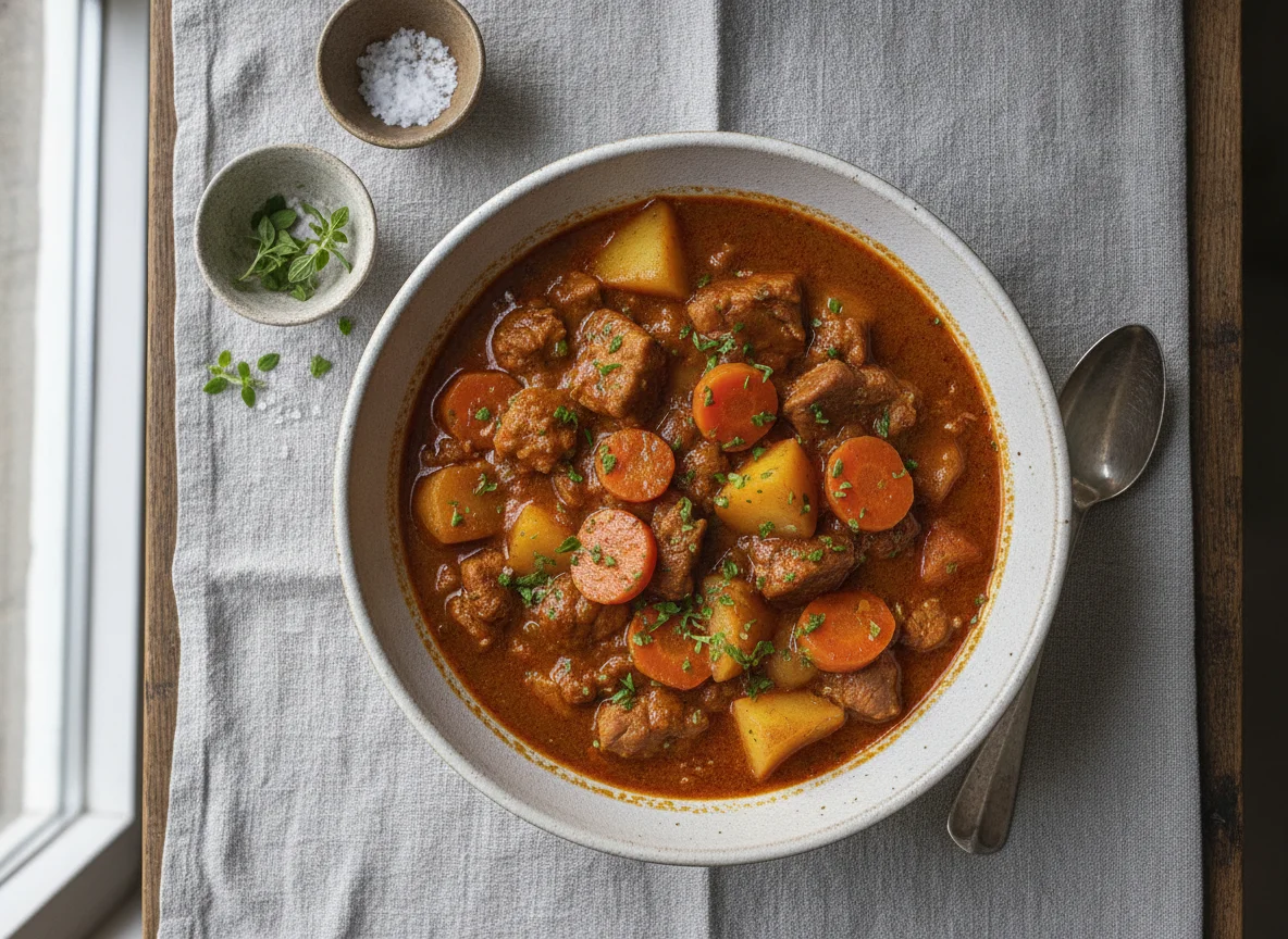 Kartoffelgulasch mit Schweinefleisch photo