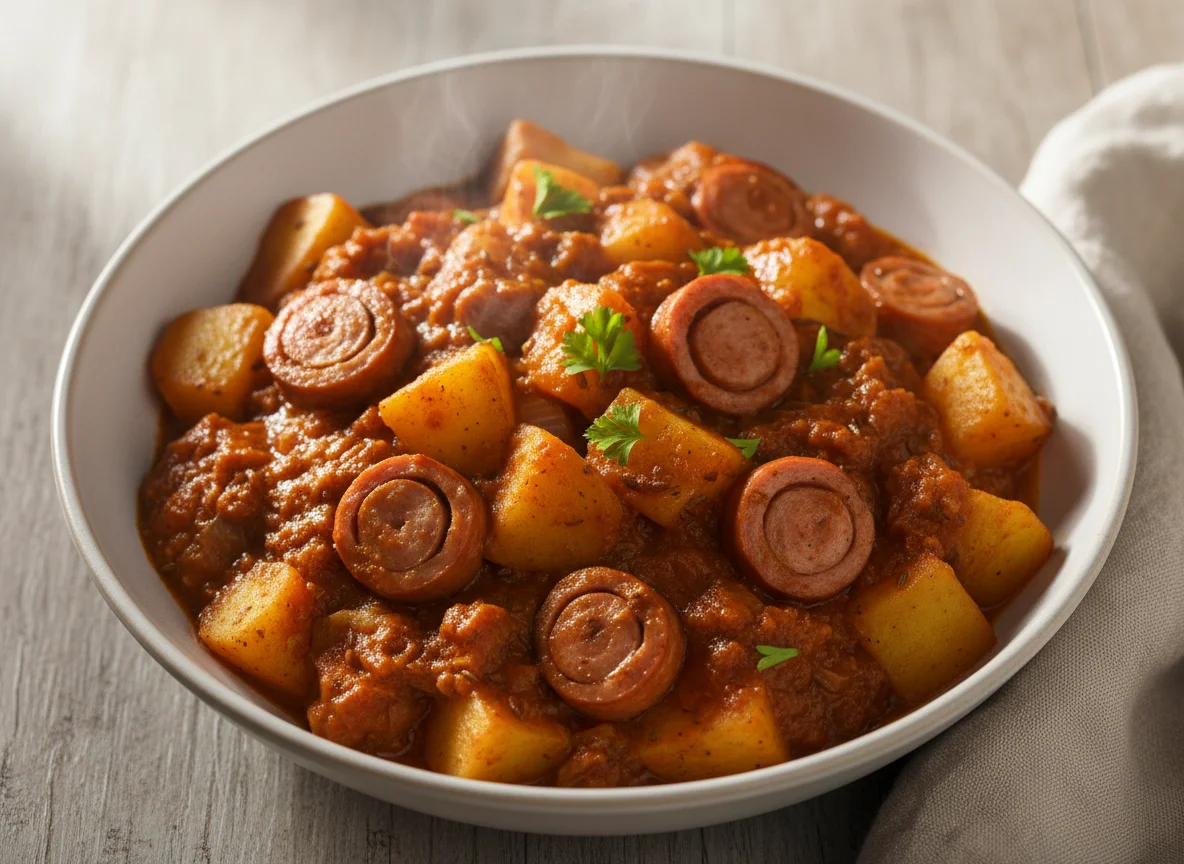 Kartoffelgulasch mit Würstchen photo