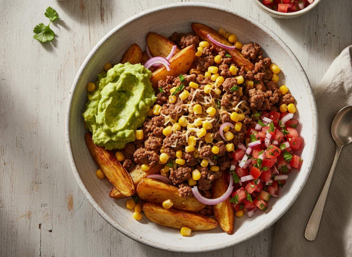 Kartoffel-Hackfleisch-Bowl mit Guacamole und Salsa photo