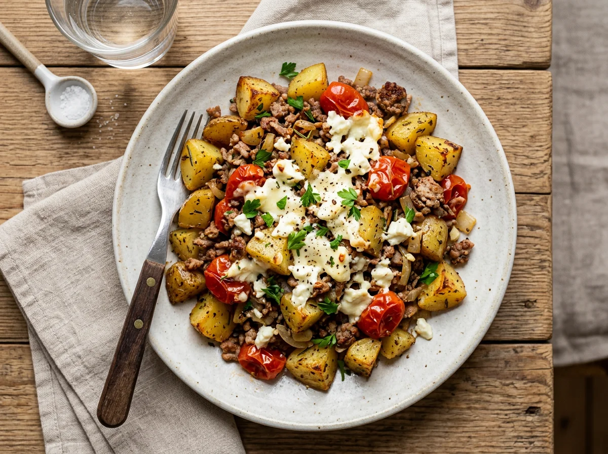 Kartoffel-Hackfleisch-Pfanne mit Feta photo