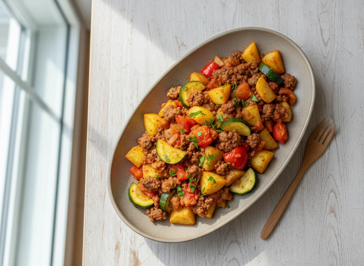Kartoffel-Hackfleisch-Pfanne mit Gemüse photo