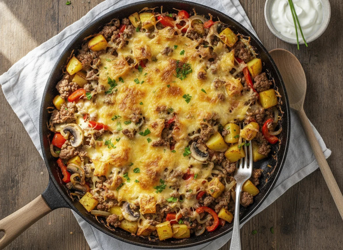 Kartoffel-Hackfleisch-Pfanne mit Gemüse und Käse photo