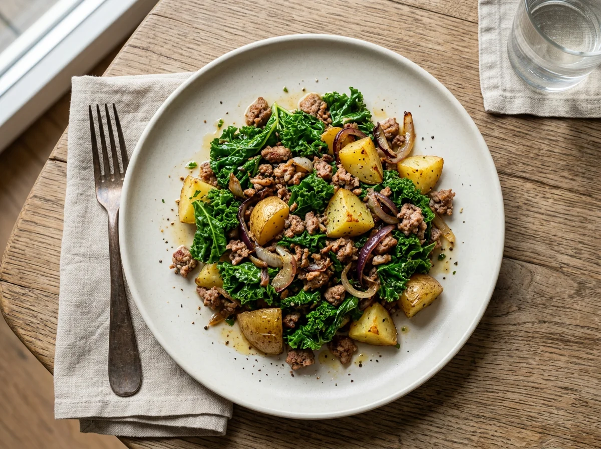 Kartoffel-Hackfleisch-Pfanne mit Grünkohl photo