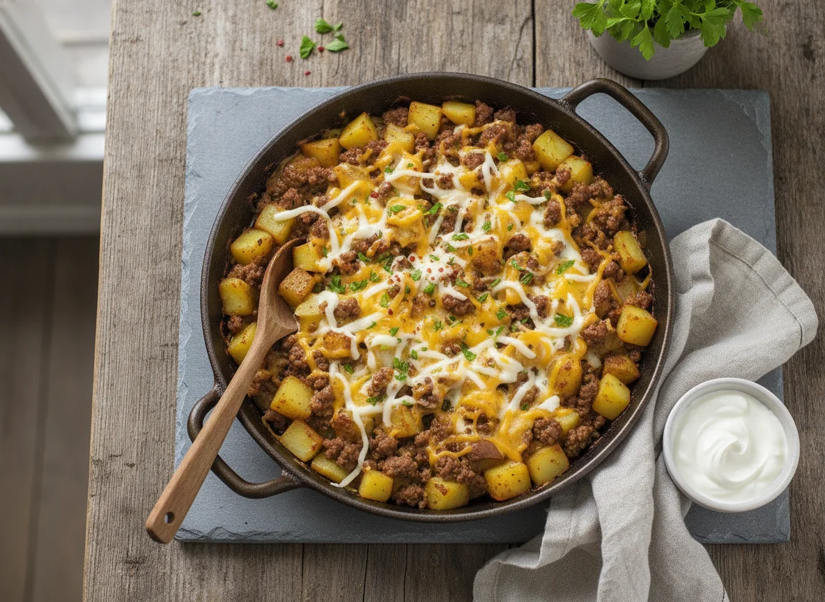 Kartoffel-Hackfleisch-Pfanne mit Käse photo