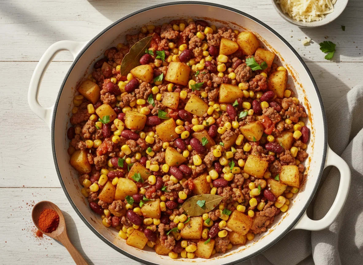 Kartoffel-Hackfleisch-Pfanne mit Mais und Bohnen photo