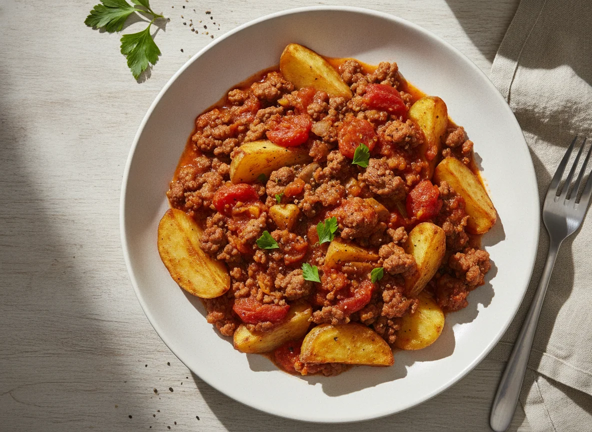 Kartoffel-Hackfleisch-Pfanne mit Tomatensauce photo