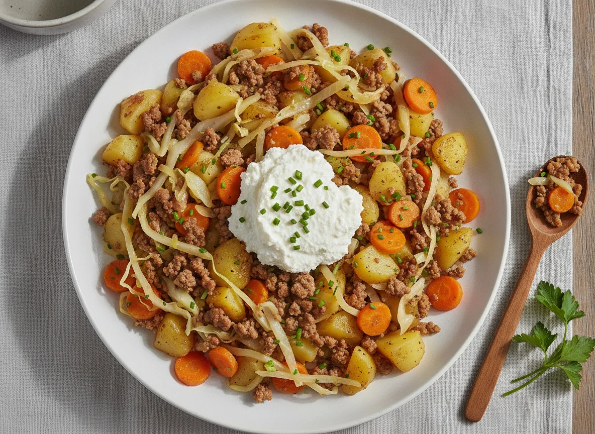Kartoffel-Hackfleisch-Pfanne mit Topfen photo
