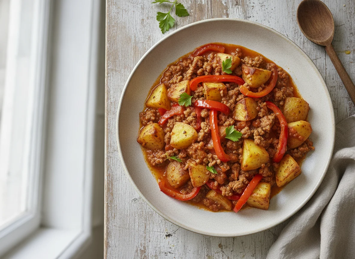 Kartoffel-Hack-Pfanne mit Paprika photo