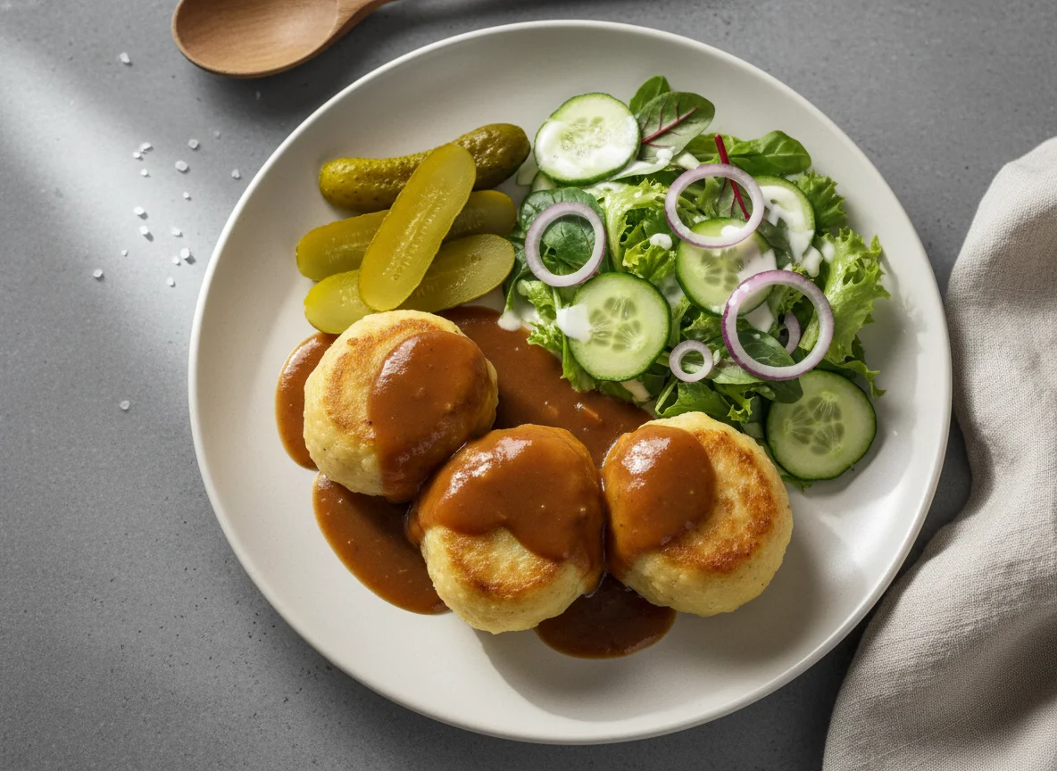Kartoffelklöße mit Soße, Gewürzgurken und Beilagensalat photo