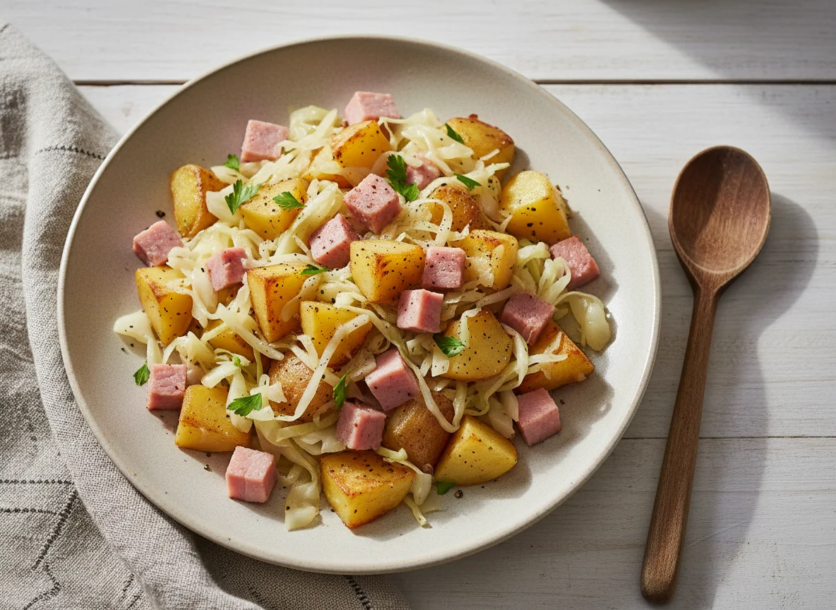 Kartoffel-Kohl-Pfanne mit Schinken photo