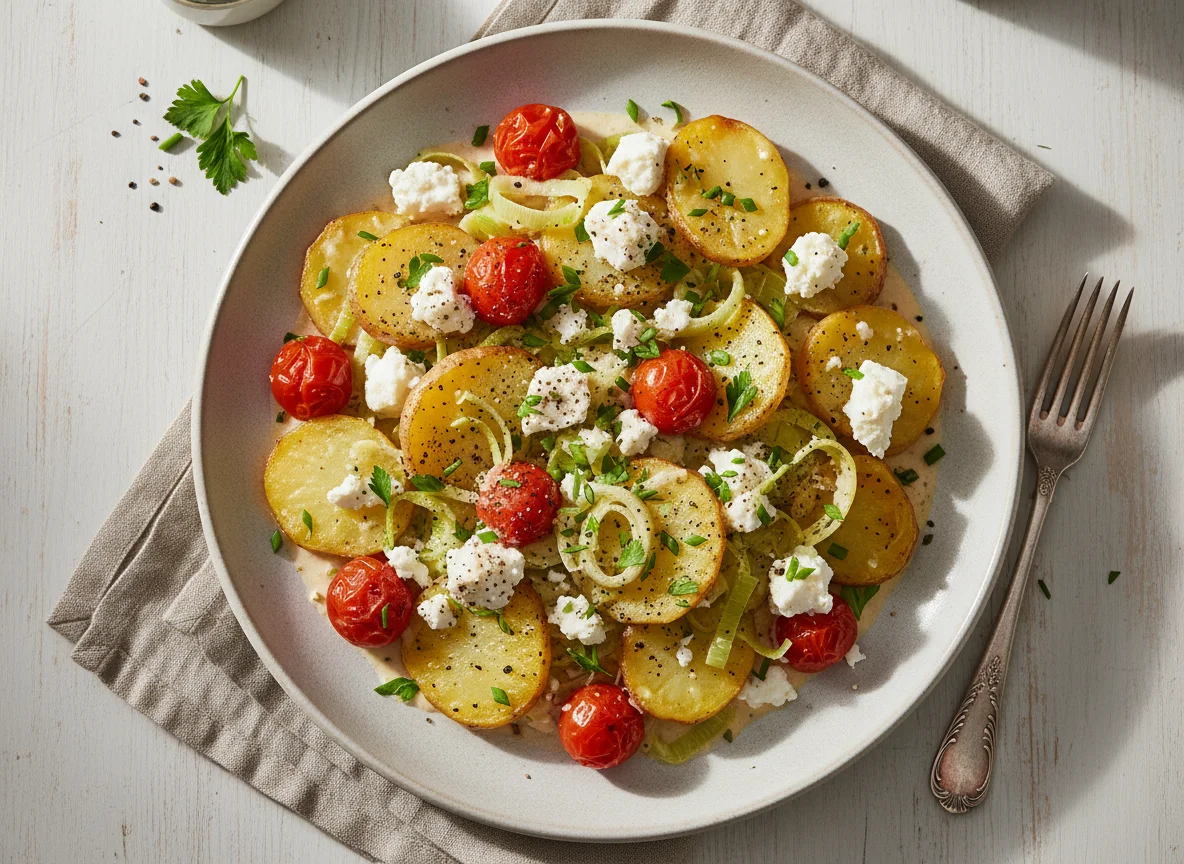 Kartoffel-Lauch-Pfanne mit Feta und Tomaten photo
