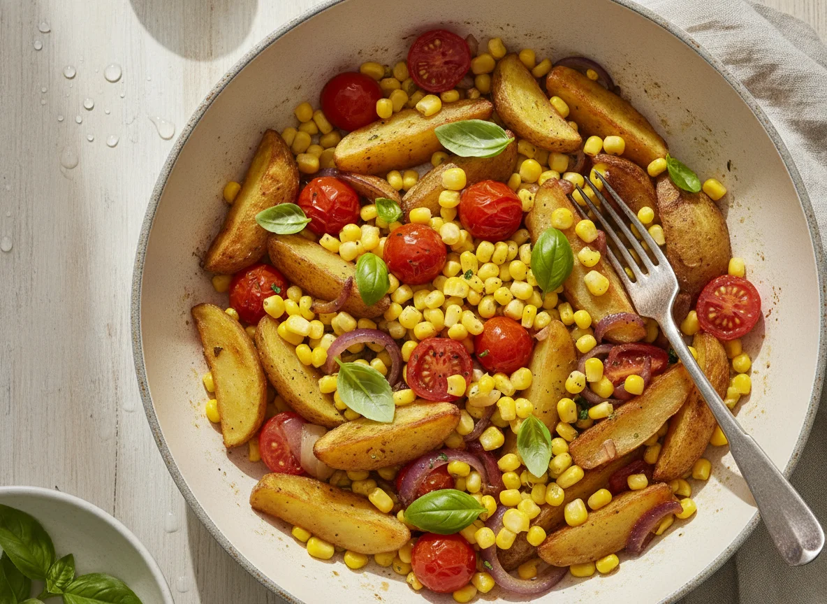 Kartoffel-Mais-Pfanne mit Tomaten photo