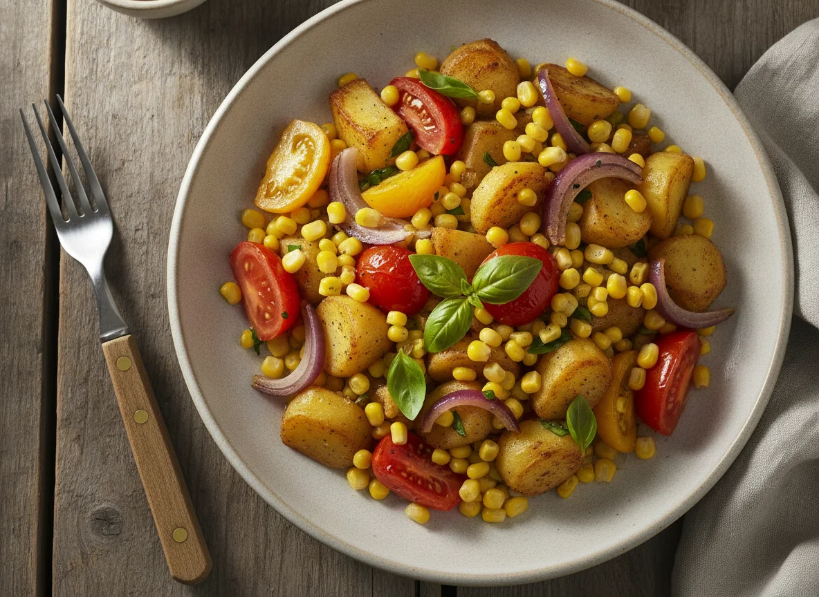 Kartoffel-Mais-Pfanne mit Tomaten und Zwiebeln photo