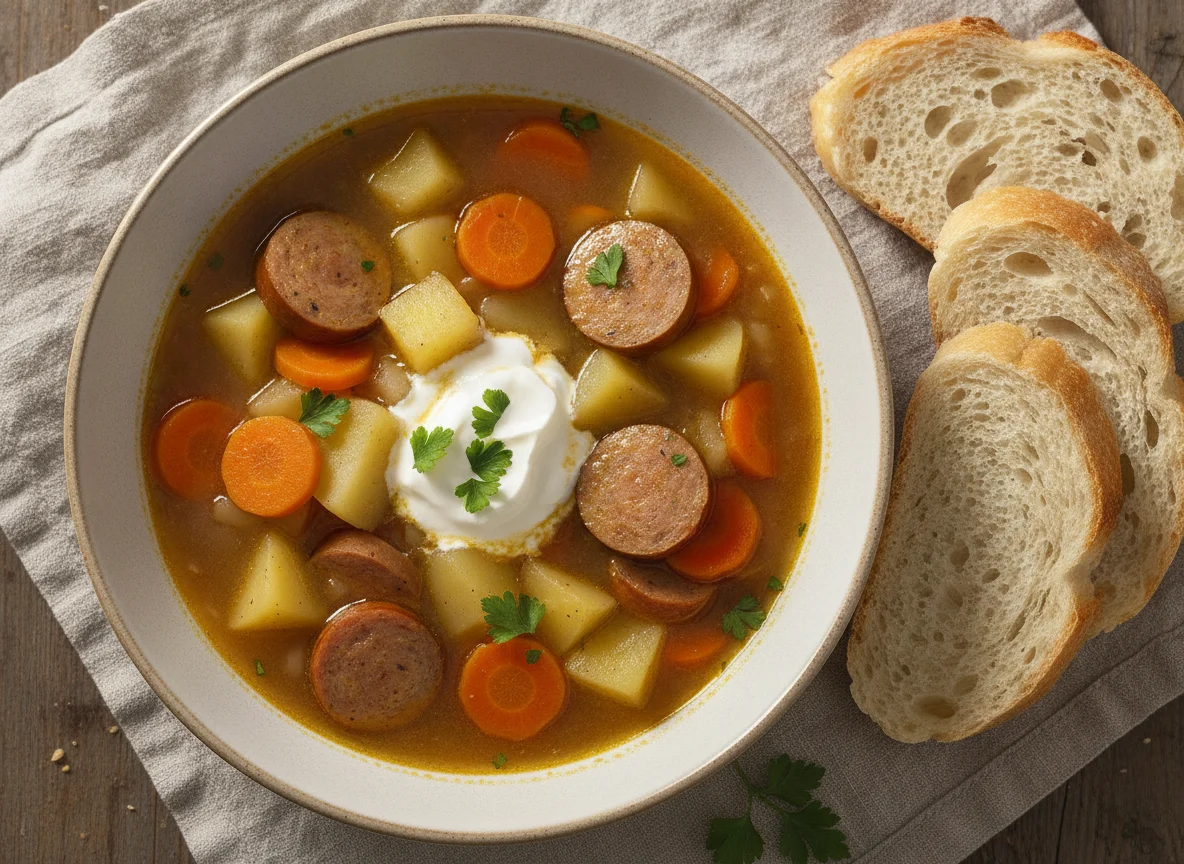 Kartoffel-Möhren-Eintopf mit Wurst und Brot photo