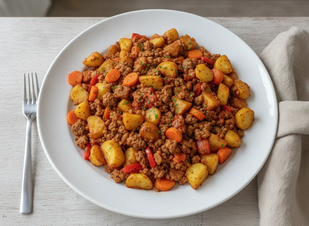 Kartoffel-Möhren-Pfanne mit Hackfleisch photo