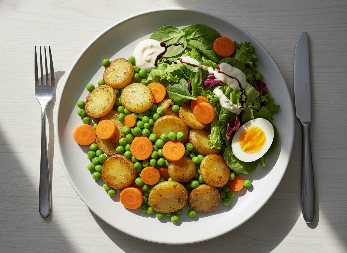 Kartoffeln mit Erbsen, Karotten und Salat photo