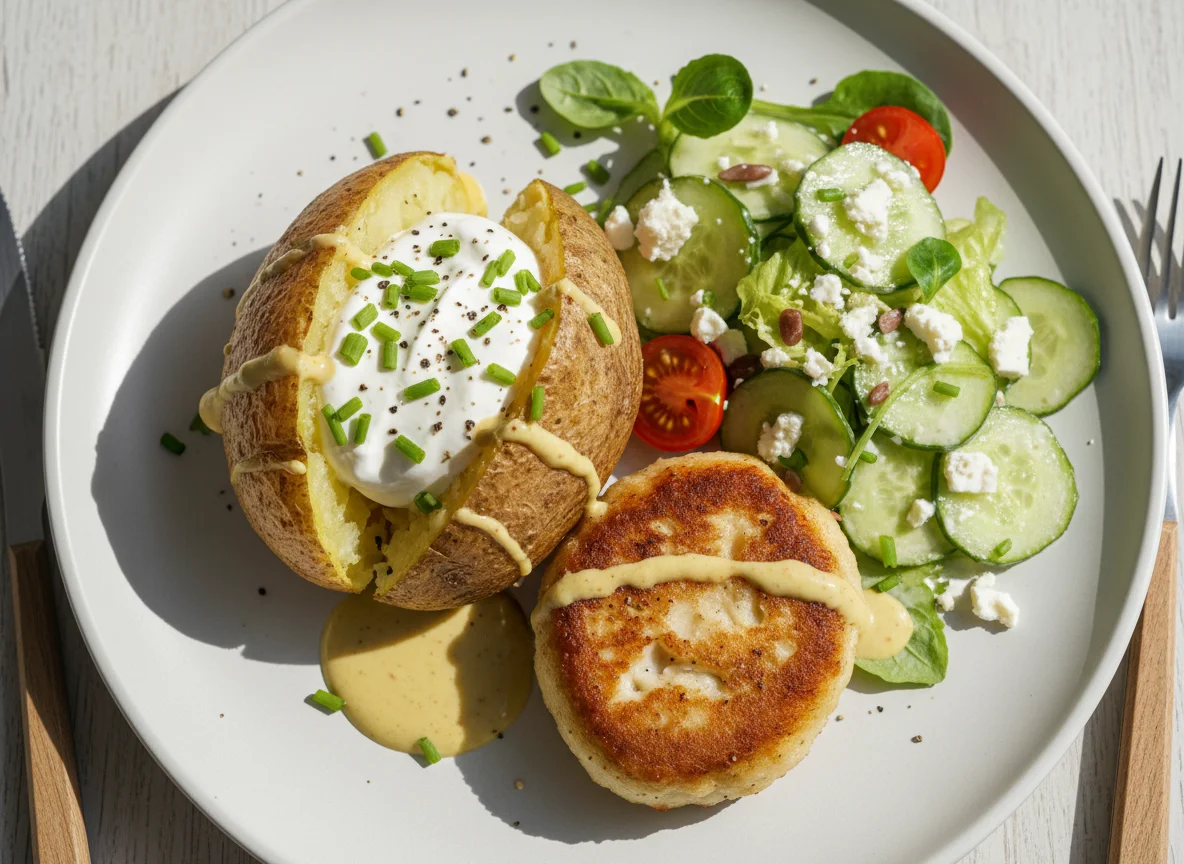 Kartoffeln mit Fischfrikadelle und Salat photo