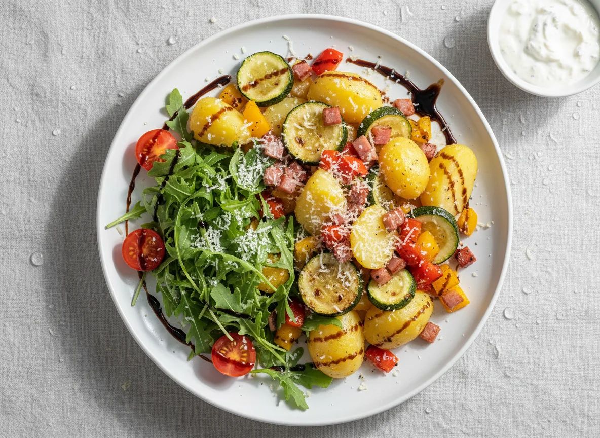 Kartoffeln mit Gemüse und Salat photo