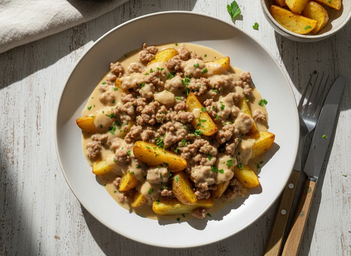 Kartoffeln mit Hackfleisch und Soße photo