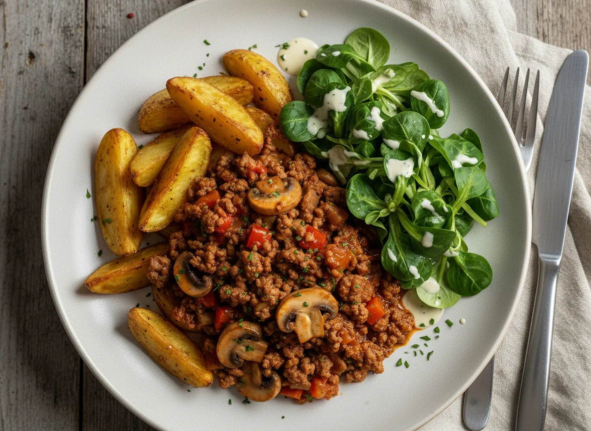Kartoffeln mit Hackfleisch-Pilz-Ragout und Feldsalat photo