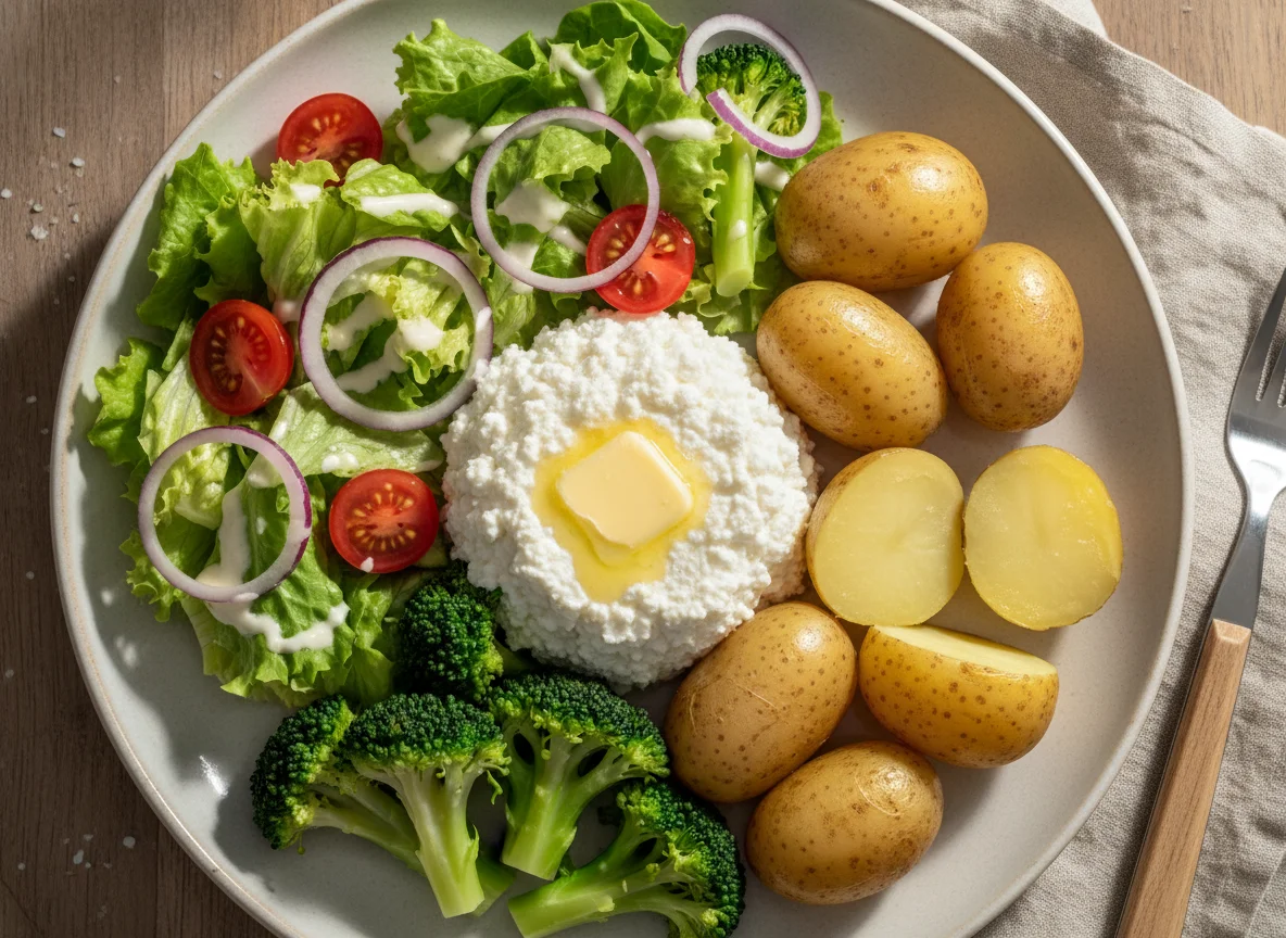 Kartoffeln mit Hüttenkäse, Butter, Brokkoli und Salat photo