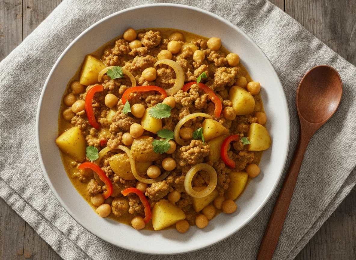 Kartoffeln mit Kichererbsen-Hackfleisch-Curry photo