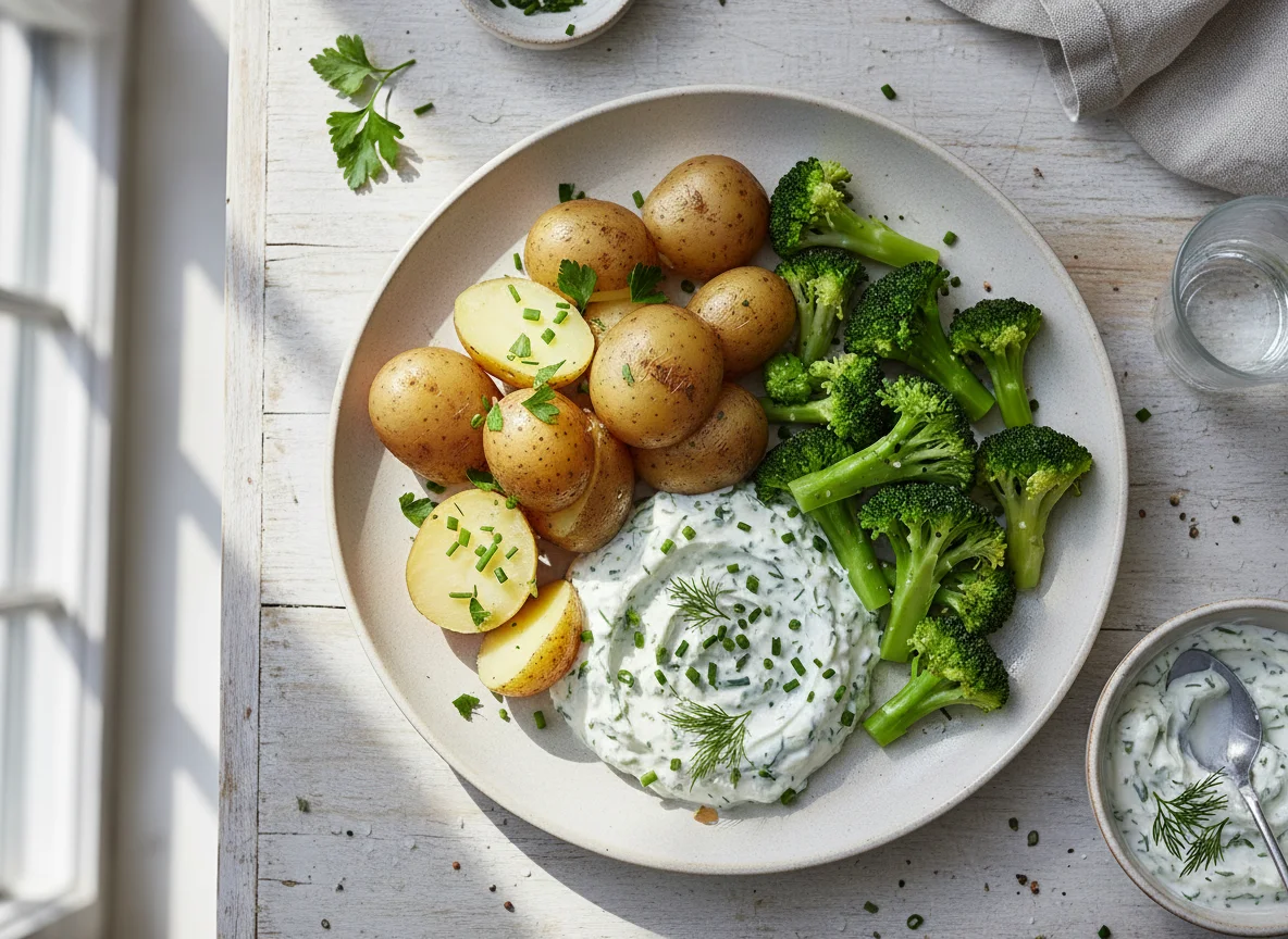 Kartoffeln mit Kräuterquark und Brokkoli photo