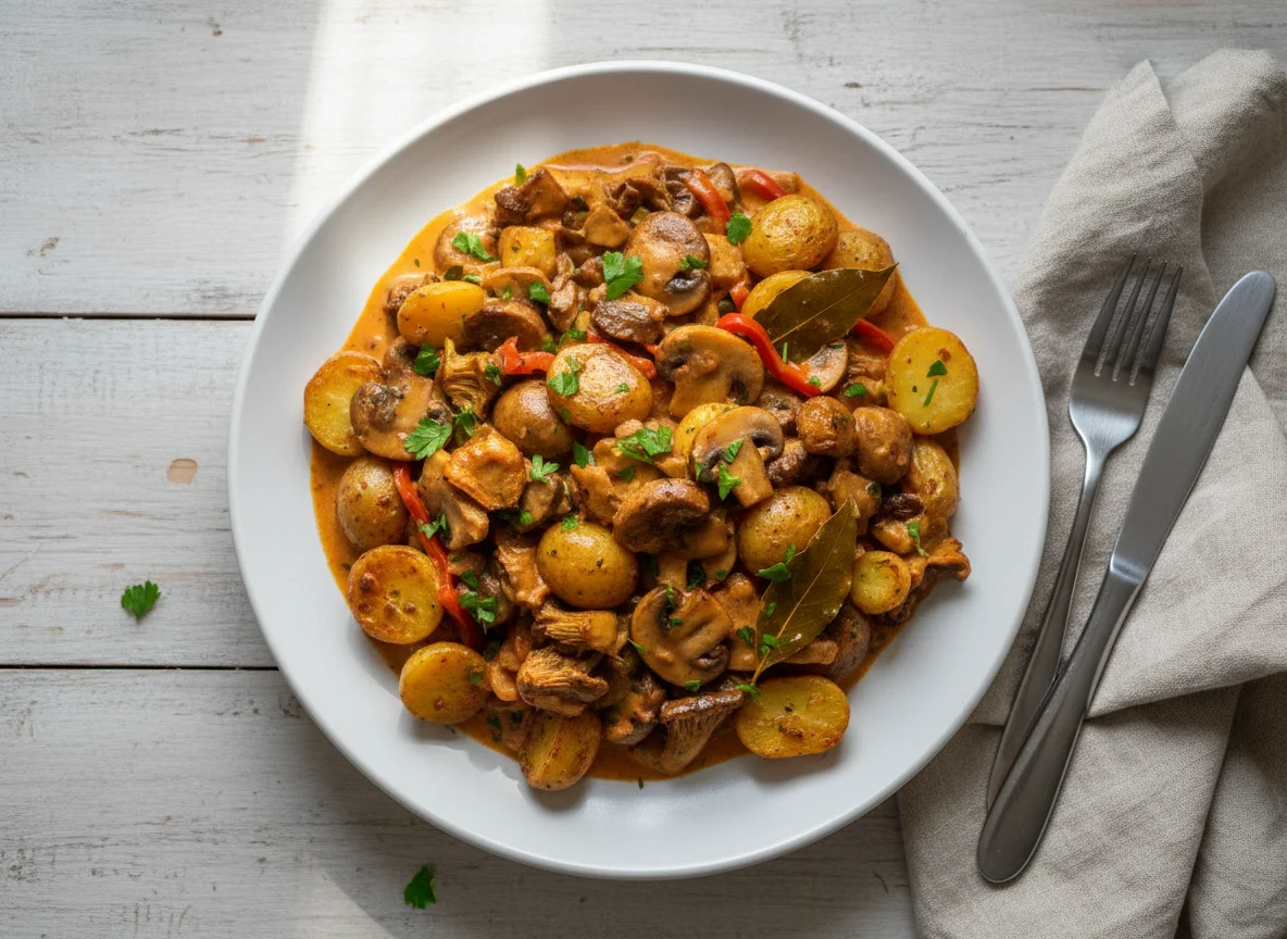 Kartoffeln mit Paprikasauce und Pilzen photo