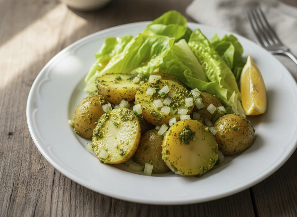 Kartoffeln mit Pesto und Kopfsalat photo