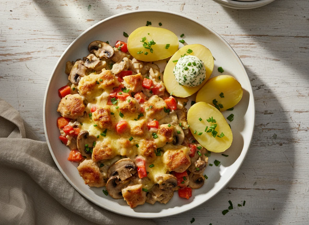 Kartoffeln mit Pilzgemüse und Hähnchenauflauf photo
