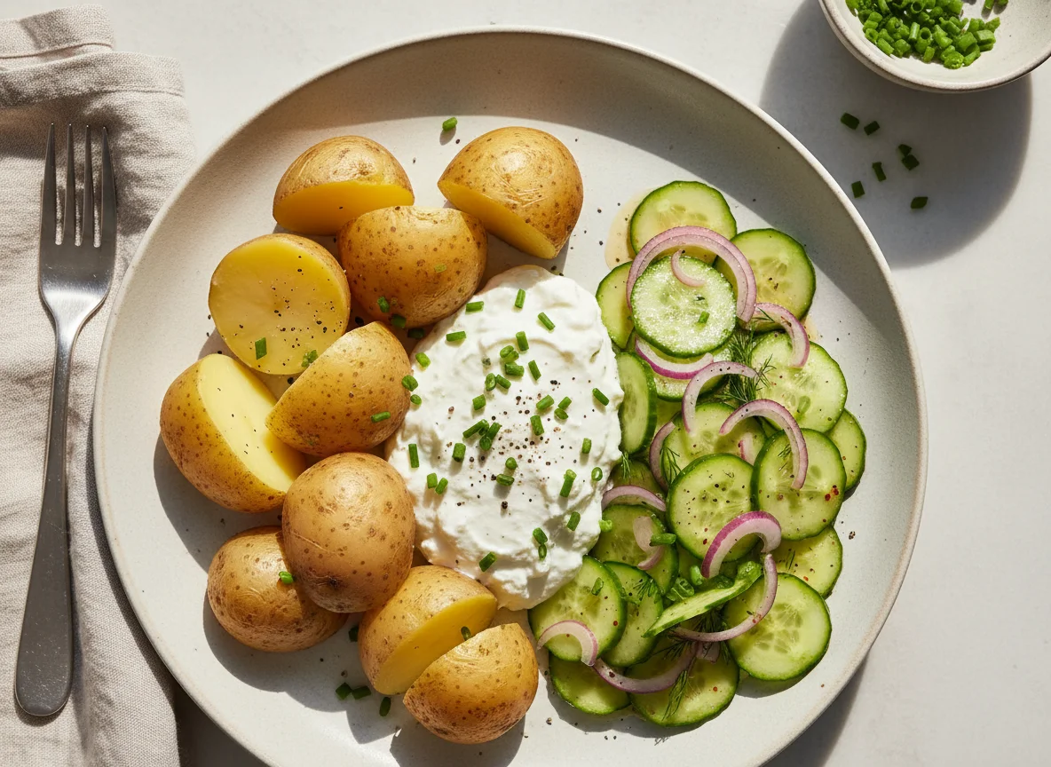 Kartoffeln mit Quark und Gurkensalat photo