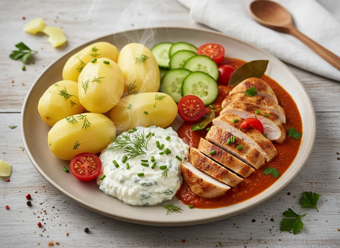 Kartoffeln mit Quark und Hähnchen in Sauce photo