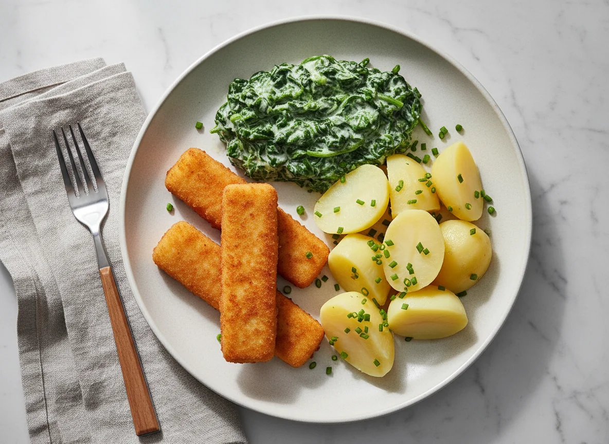 Kartoffeln mit Rahmspinat und Fischstäbchen photo