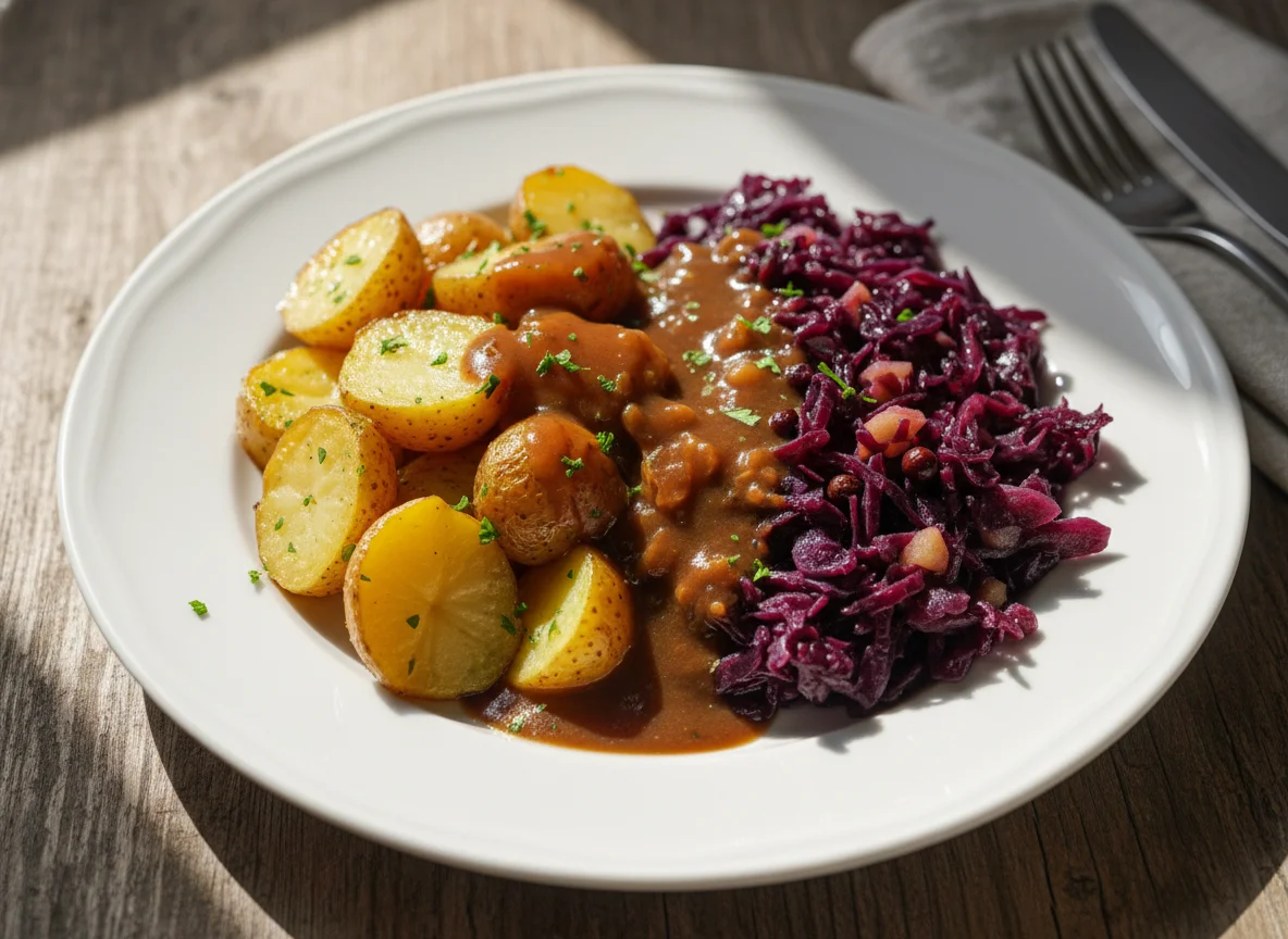 Kartoffeln mit Rotkohl und Soße photo