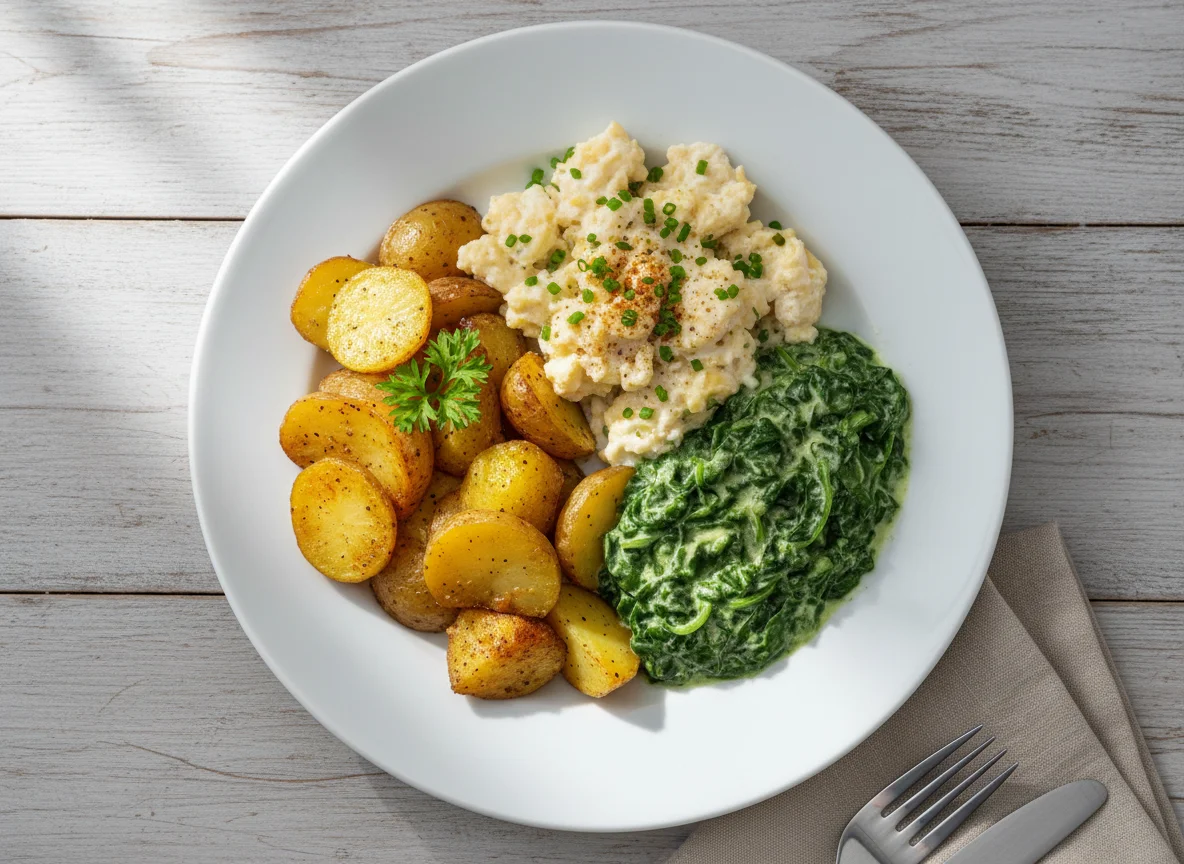 Kartoffeln mit Rührei und Rahmspinat photo