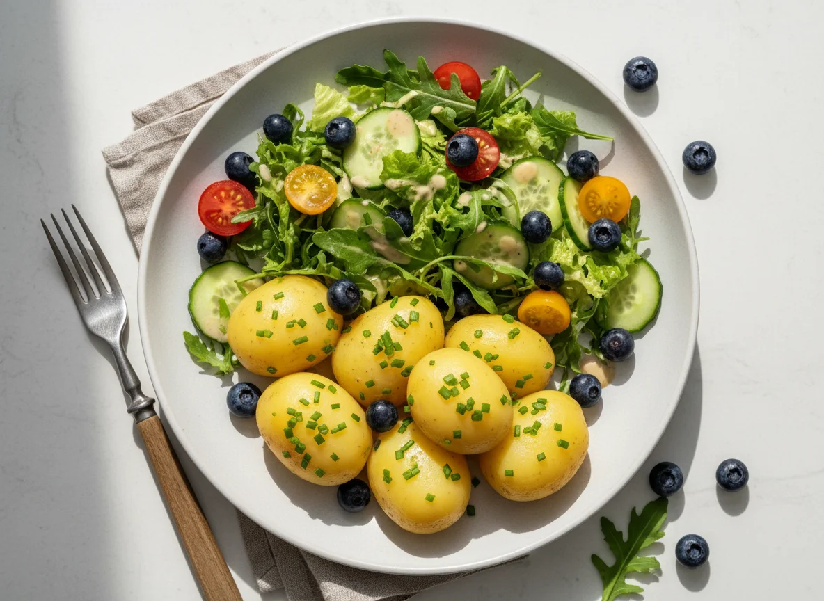Kartoffeln mit Salat und Blaubeeren photo