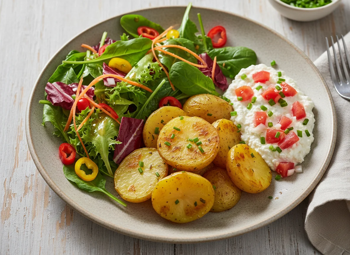 Kartoffeln mit Salat und Quark-Tomaten-Dip photo