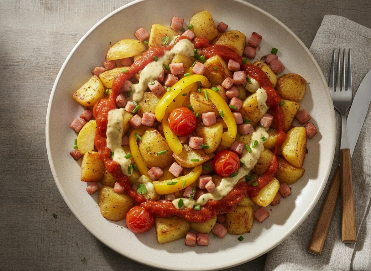 Kartoffeln mit Schinkenwürfeln und Gemüse photo