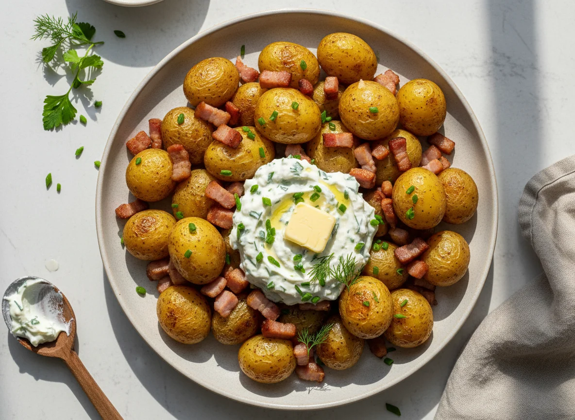 Kartoffeln mit Speck, Kräuterquark und Butter photo