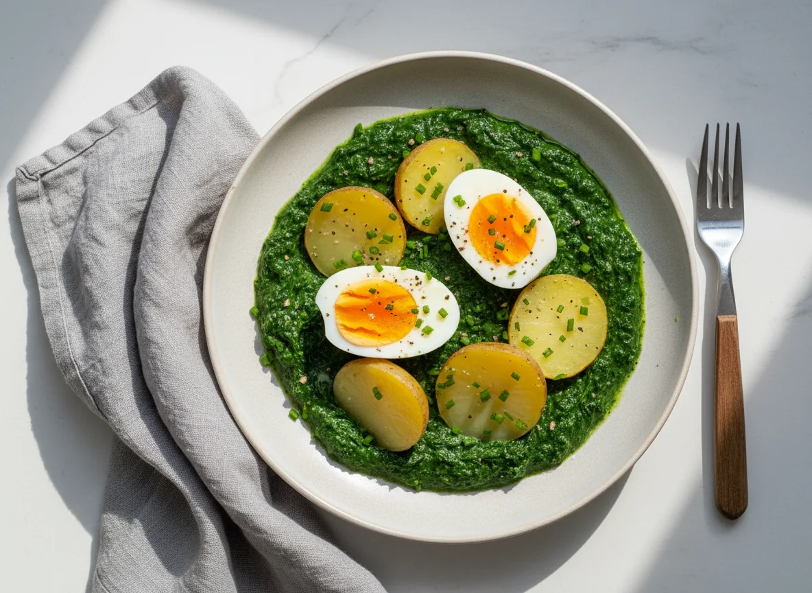 Kartoffeln mit Spinat und Ei photo